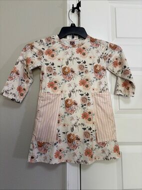 Girls Cream Floral Pocket Dress with Pink Stripes